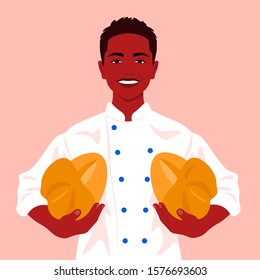 The baker’s guy is holding fresh bread in his hands. Professions and craft training. Trainee in uniform. Vector flat illustration