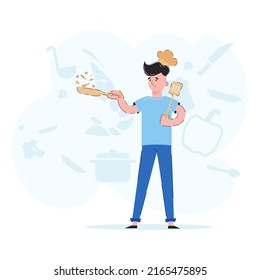 The guy is holding a frying pan with food in his hands. Chef concept. Trendy flat vector