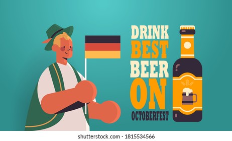 guy holding Germany flag beer festival Oktoberfest party celebration concept man wearing german traditional clothes portrait greeting card horizontal vector illustration