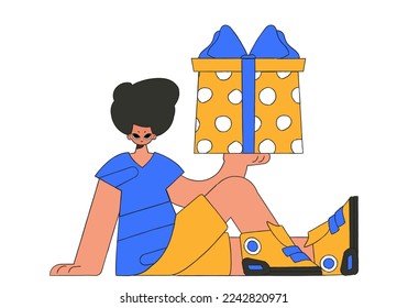 The guy is holding a gift box in his hand. Holiday gift theme.