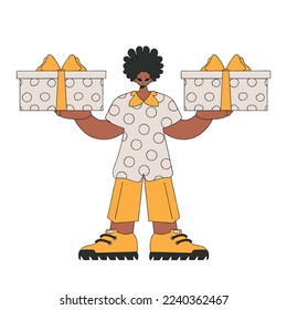 The guy is holding gift boxes. The concept of the holiday and gifts. Bright character in the style of the 80s and 90s.