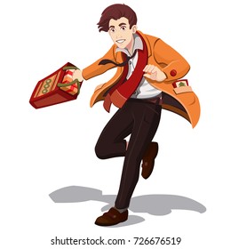 Guy holding a gift and emotionally happy Christmas. Holidays and people concept. Asian man hold with present box. 