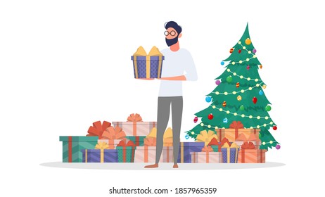 The guy is holding a gift in his hands. New Year tree, many gifts, man. New year concept. Isolated. Vector.