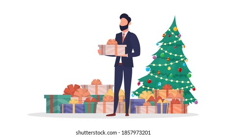 El tipo tiene un regalo en sus manos. Árbol de Año Nuevo, muchos regalos, hombre. Concepto de año nuevo. Aislado. Vector.