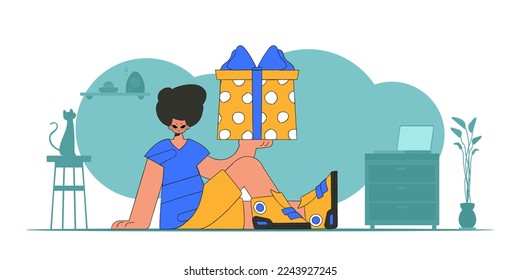 The guy is holding a gift in his hands. trendy style.
