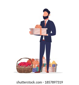 The guy is holding a gift. A man, a lot of gifts, a basket of roses. Suitable for the theme of the New Year, Valentine's Day and Birthday. Vector.