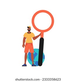 The Guy is holding a gust up sector field looking glass in his handwrite. Trendy style, Vector Illustration