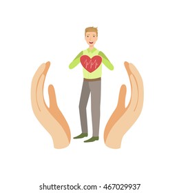 Guy Holding Heart With Cardiogram Protected By Two Palms