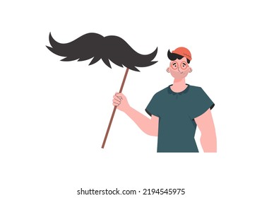 The guy is holding his mustache on a stick. trendy style. Isolated on white background. Vector illustration.