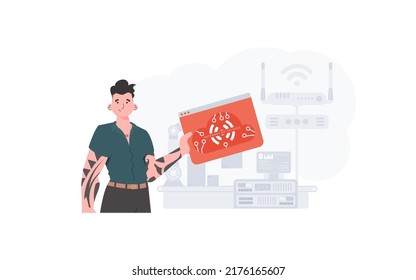 El tipo tiene en sus manos un icono de Internet. El concepto de Internet de las cosas. Bueno para sitios web y presentaciones. Ilustración vectorial.