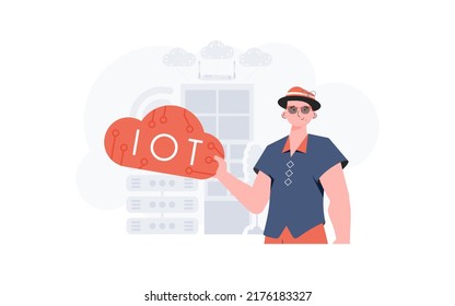The guy is holding an internet thing icon in his hands. IOT and automation concept. Good for websites and presentations. Vector illustration in trendy flat style.