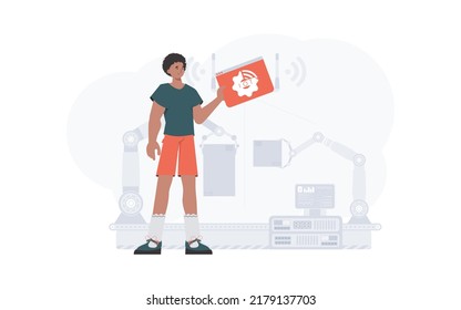 The guy is holding an internet thing icon in his hands. IoT concept. Good for websites and presentations. Trendy flat style. Vector.