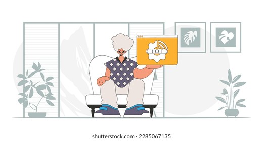 Guy holding IoT logo, modern style vector character seated on floor.