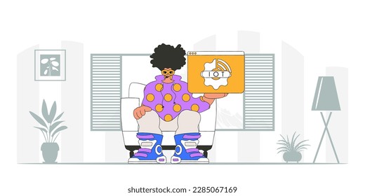 Guy holding IoT logo, sitting on floor in modern style vector.