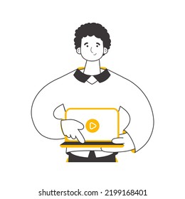 El tipo está sosteniendo una laptop y presionando el juego. Estilo de moda lineal. Ilustración vectorial.