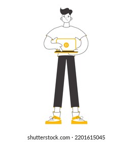 The guy is holding a laptop and pressing play. Linear trendy style. Vector.