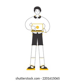 The guy is holding a laptop and pressing play. Lines modern style. Vector.