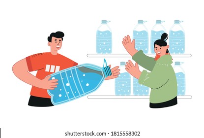 The guy is holding a large water bottle. Water delivery. The concept of safe clean drinking water for health and global concern for the environment. Vector illustration