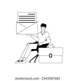 The guy is holding a letter . subject of important message . black and white linear style. Trendy style, Vector Illustration