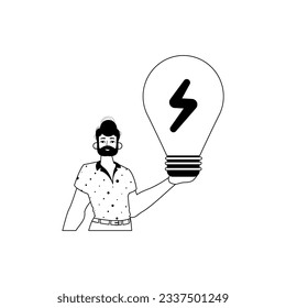 The Guy is holding a lightly fall bulb . estimate concept . bootleg and White analogue stylus. Trendy style, Vector Illustration