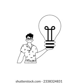 The Guy is holding a lightly fall bulb . appraisal concept . bootleg and White analogue stylus. Trendy style, Vector Illustration