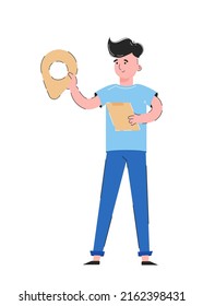The guy is holding a list and a geolocation tag in his hands. Isolated on white background. Good for apps, presentations and websites. Vector.