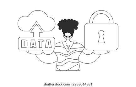 Guy holding logo of cloud storage for the Internet of Things, in a vector linear style