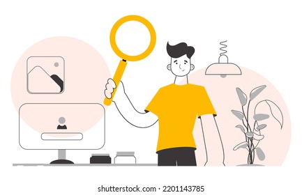 The guy is holding a magnifying glass in his hands. Search concept. Linear trendy style. Vector.