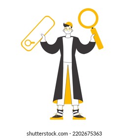 The guy is holding a magnifying glass in his hands. Search concept. Linear trendy style. Isolated on white background. Vector illustration.