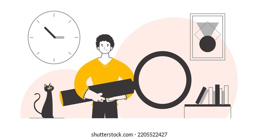 The guy is holding a magnifying glass in his hands. Modern linear style. Vector illustration.