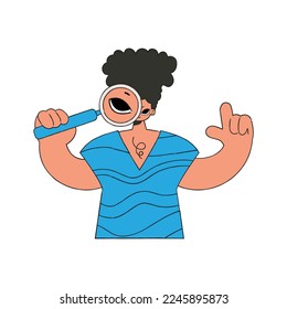 The guy is holding a magnifying glass in his hands. Search for information. Linear retro style character.