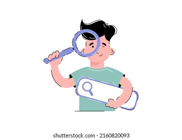 The guy is holding a magnifying glass. Search concept. Isolated on white background. Trendy flat vector style.