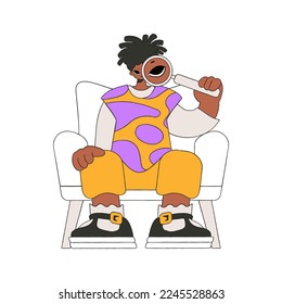 The guy is holding a magnifying glass. Search for information. Linear retro style character.