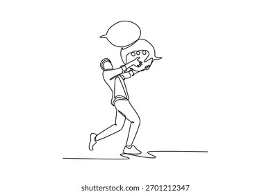 Un tipo con Comentarios de mucha gente. Concepto de calificación de Producto. Diseño de dibujo de línea única. Ilustración gráfica de Vector