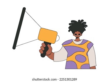 The guy is holding a megaphone. Attracting workers.