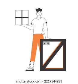 The guy is holding a package. The concept of the delivery of goods and parcels. Linear trendy style. Isolated on white background. Vector illustration.