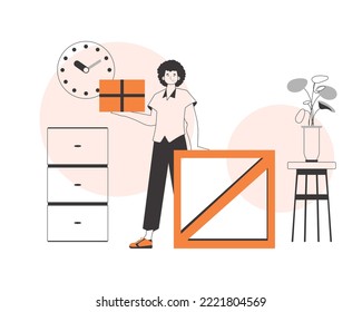 The guy is holding a package. The concept of the delivery of goods and parcels. Linear trendy style.