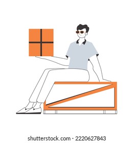The guy is holding a package. Delivery concept. Linear trendy style. Isolated on white background. Vector illustration.