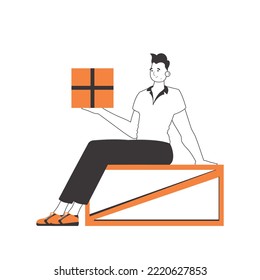 The guy is holding a package. Delivery concept. Linear modern style. Isolated on white background. Vector illustration.