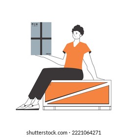 El tipo está sosteniendo un paquete. Concepto de entrega. Estilo moderno lineal. Aislado sobre fondo blanco. Ilustración vectorial.