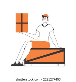 The guy is holding a package. Delivery concept. Linear style. Isolated on white background. Vector illustration.