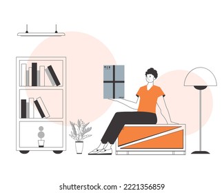 The guy is holding a package. Delivery concept. Linear style.