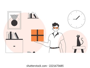 The guy is holding a package. Parcel delivery concept. Linear modern style.