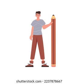 The guy is holding a pencil. Trend style character.