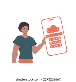 The guy is holding a phone with the IoT logo in his hands. IoT concept. Vector illustration in flat style.