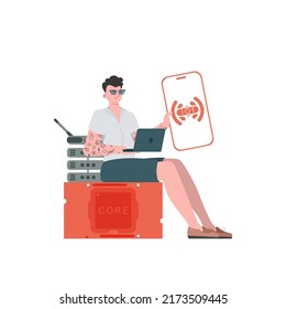 The guy is holding a phone with the IoT logo in his hands. IOT and automation concept. Vector illustration in flat style.