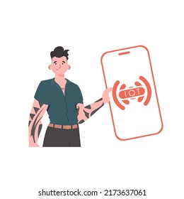 Der Typ hält ein Telefon mit dem IoT-Logo in den Händen. IoT-Konzept. Vektorgrafik im trendigen Flachstil.