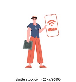 The guy is holding a phone with the IoT logo in his hands. Internet of things concept. Vector illustration in trendy flat style.