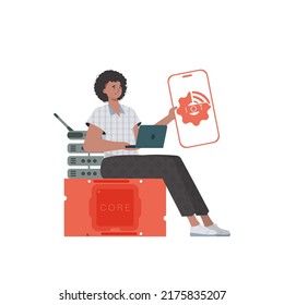 The guy is holding a phone with the IoT logo in his hands. Internet of things and automation concept. Vector.