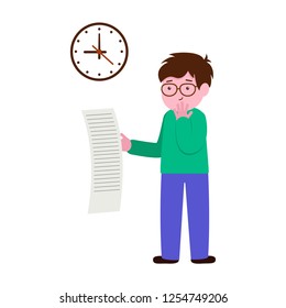 The guy is holding a piece of paper, a document. A man looks at the list, watch. Vector illustration, character in flat style. White background.